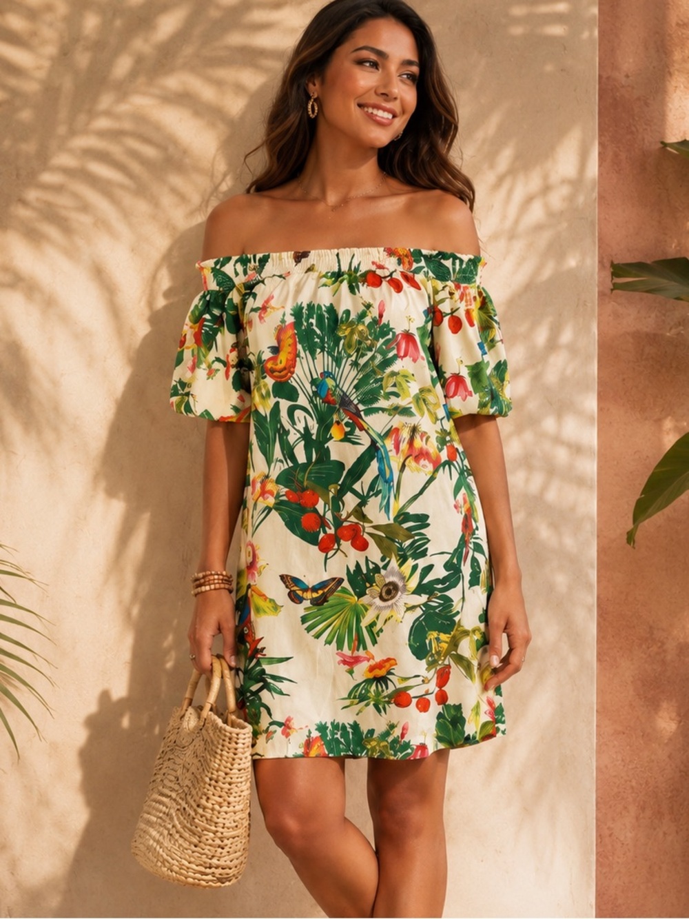 J.Crew Tropical Off Shoulder Dress Size 0 Bird Floral Vacation Mini Cotton